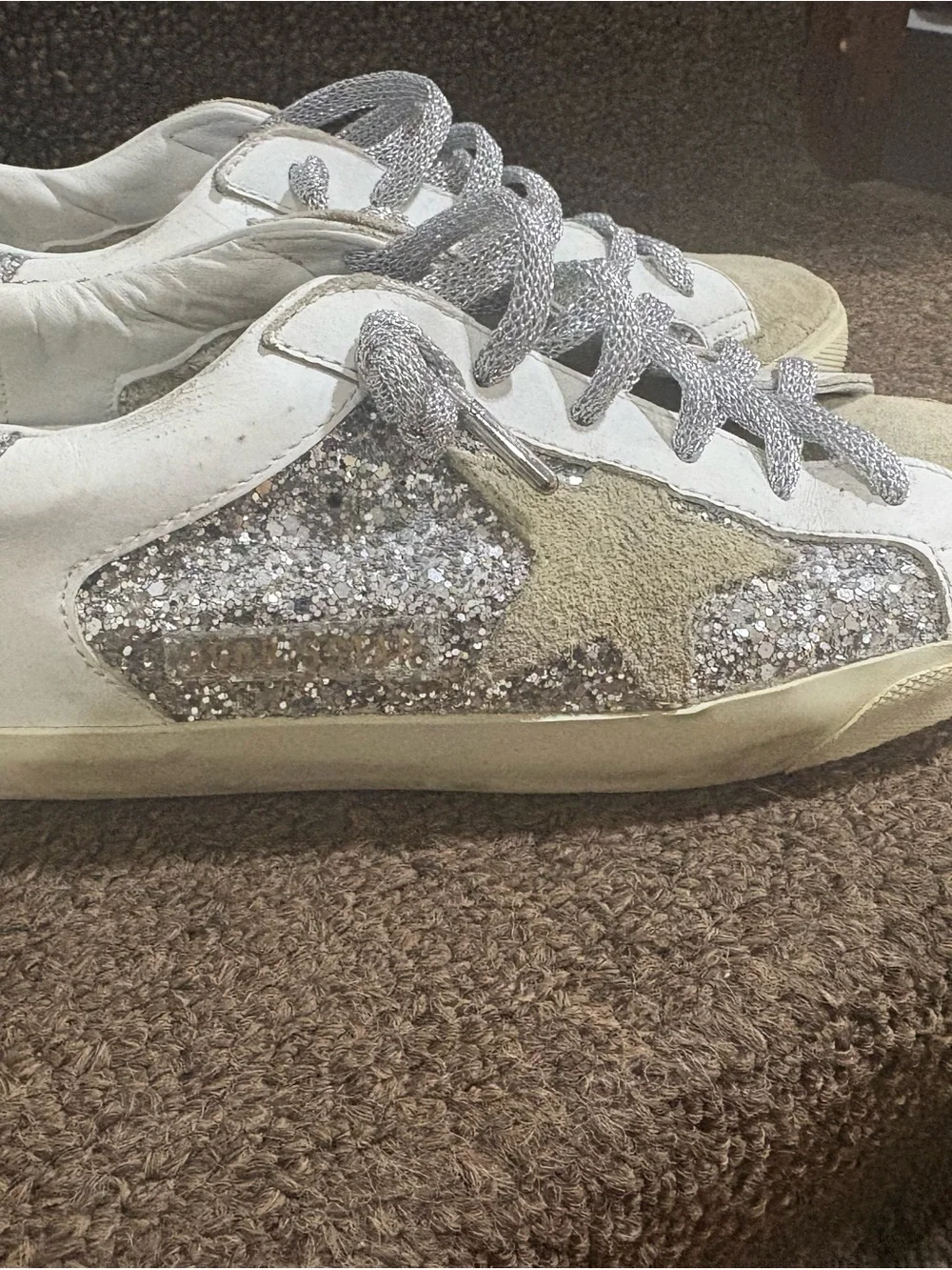 Golden Goose White Sneakers with Silver Glitter and Tan Star